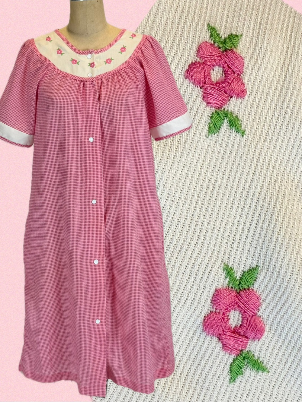 VINTAGE 60s flower bud house day dress embroidered snap button square check pink